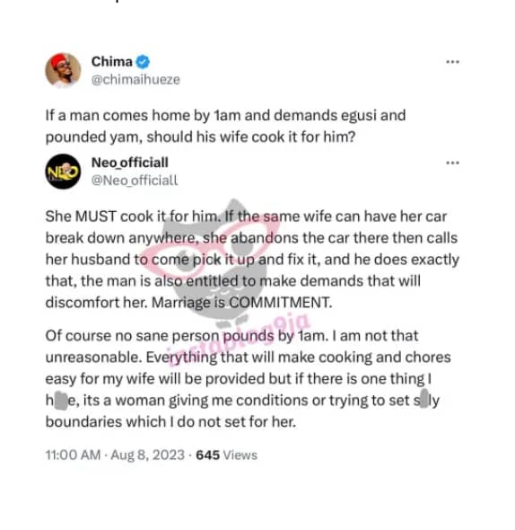 Twitter user sparks debate with claim that he'd expect wife to make pounded yam at 1 AM: