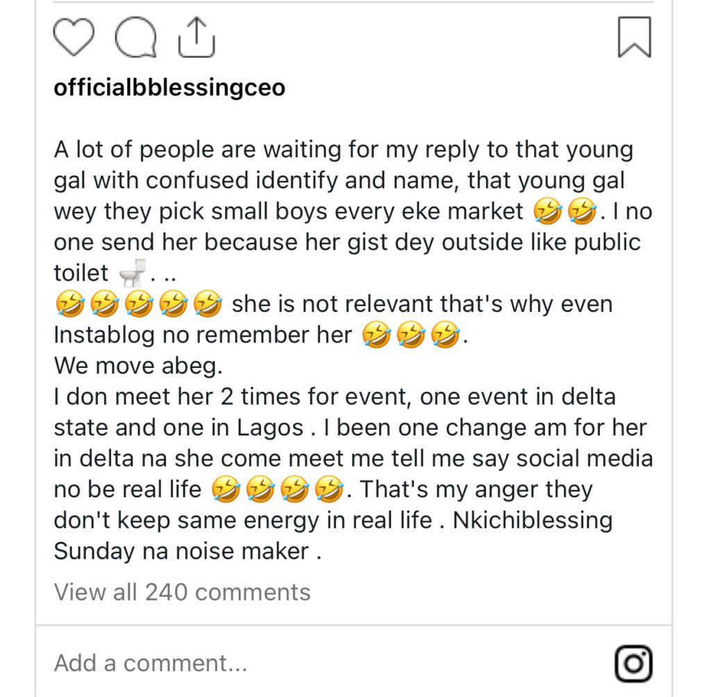 Nkechi Blessing in the mud as Blessing CEO drags her  describe her as  Public toilet that changes young boys every four market days