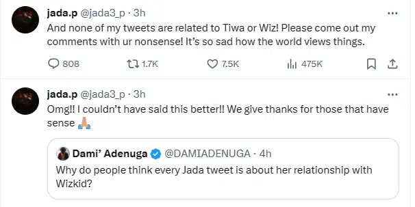 “I’m just minding my business”- Wizkid’s baby mama, Jada P reacts to the connection between Wizkid and Tiwa Savage in their recent outing