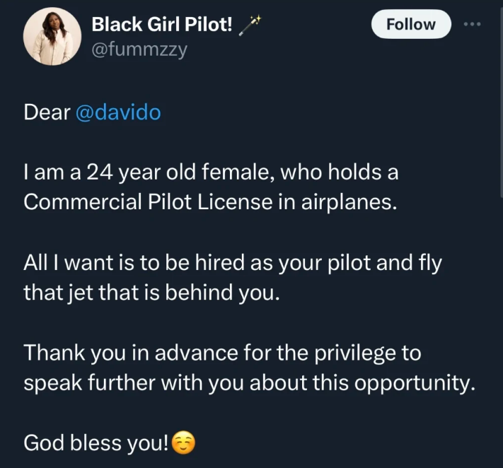 “Dream accomplished” - Female pilot rejoices after achieving her goal of flying Davido since 2021