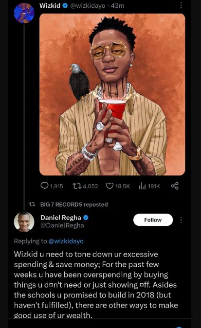 “Wizkid, you need to tone down your excessive spending and save money” – Daniel Regha Slams Wizkid Over Wasting money On His New Ferrari SF90