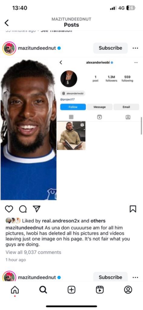 Alex Iwobi deleted all his post on Instagram after serious dragging for failing in AFCON 