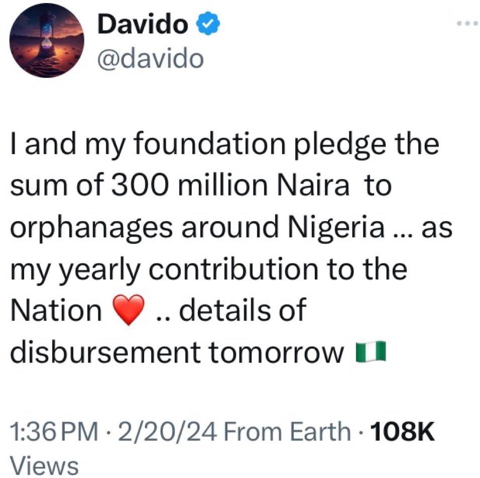 Singer Davido donates N300 million to orphanages nationwide