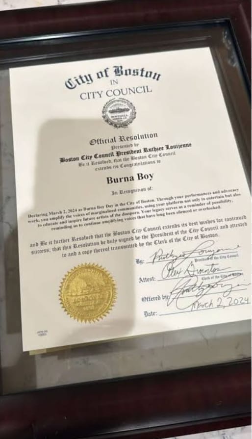 Burna Boy Honored with Official Day Declaration in Boston, Massachusetts