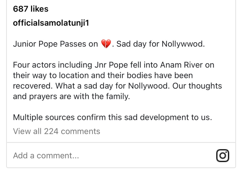 Nollywood actor Junior Pope tragically lost his life along with three colleagues in a boating accident