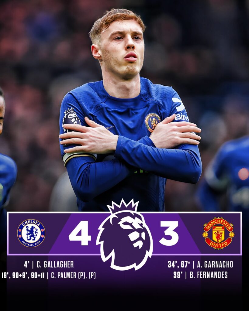 Magical Palmer’s Hat Trick Deprives Manchester United of Victory in a 4-3 win at Stamford Bridge 