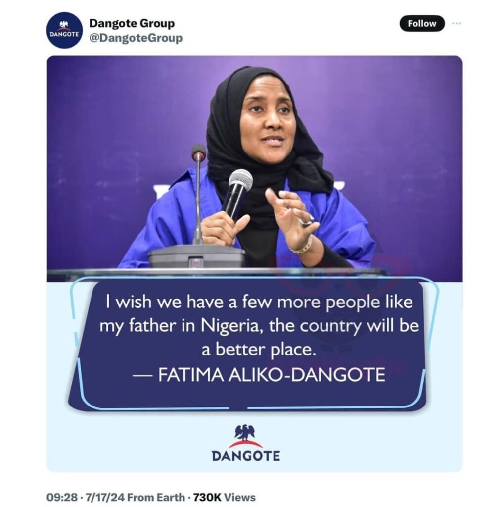 A Visionary's Legacy: Fatima Dangote's Tribute to Her Father's Unwavering Dedication to Nigeria's Progress