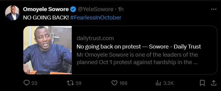 Omoyele Sowore Defies Government Warnings, Vows to Lead October 1 Hunger Protest Nationwide